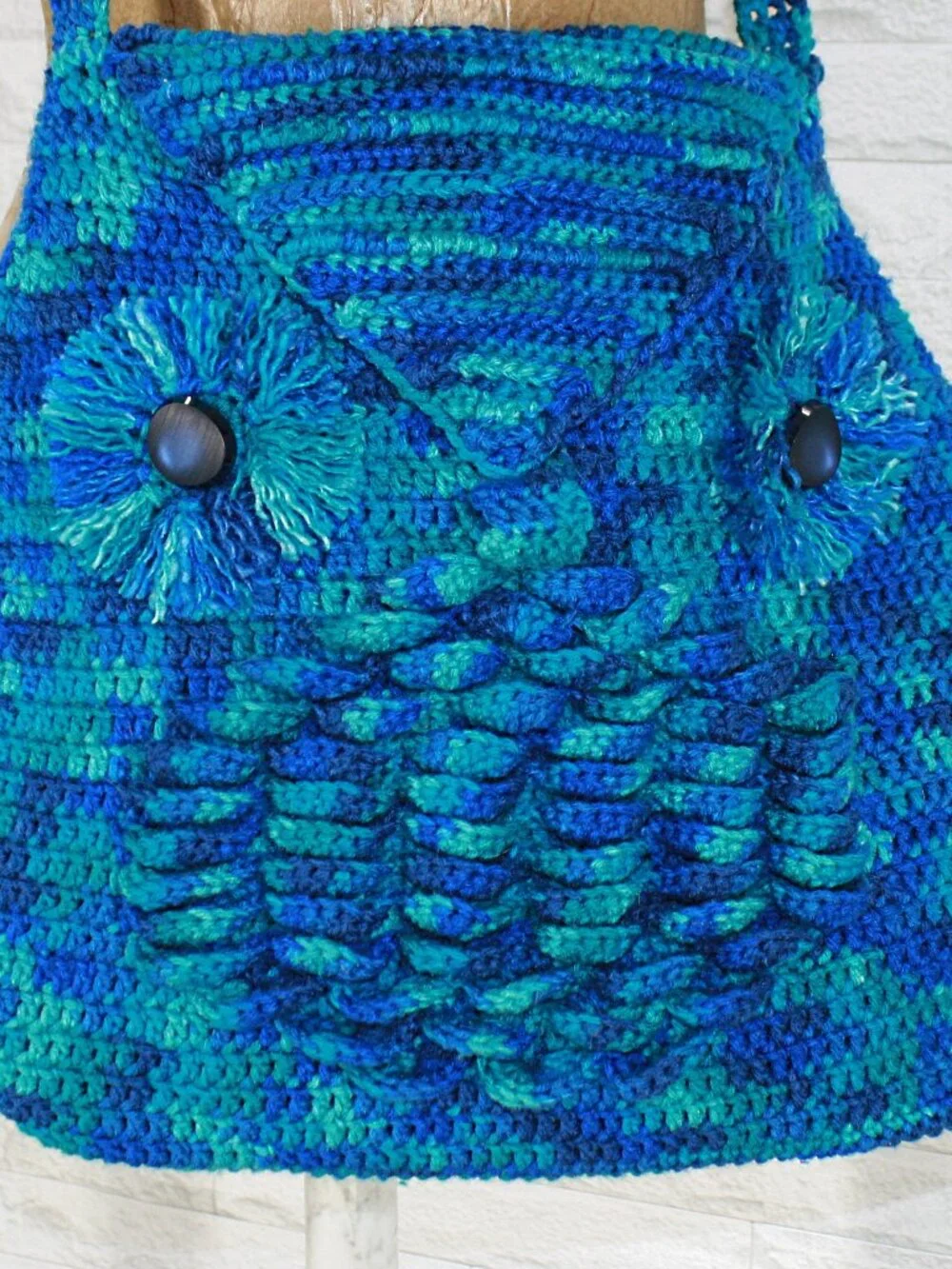 HAND CRAFTED Purse Crochet Owl Oversized Tote Hobo Bag Crossbody Blue Fringe - Picture 3 of 16